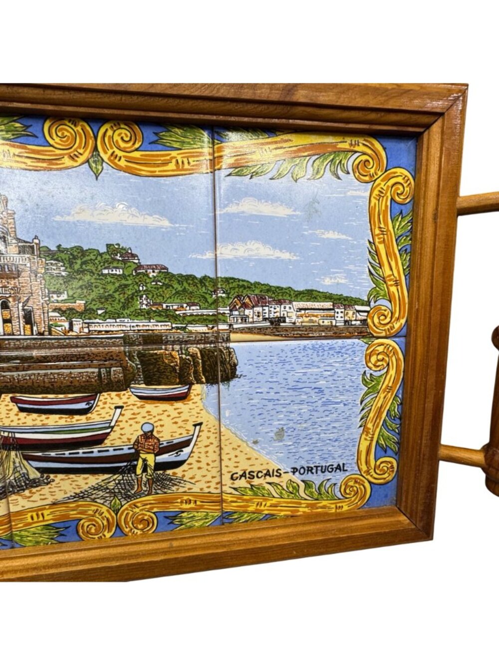 Portuguese Tile Serving Tray Wooden Frame & Handles Cascais Coastal Scene 17X10 - Picture 3 of 9